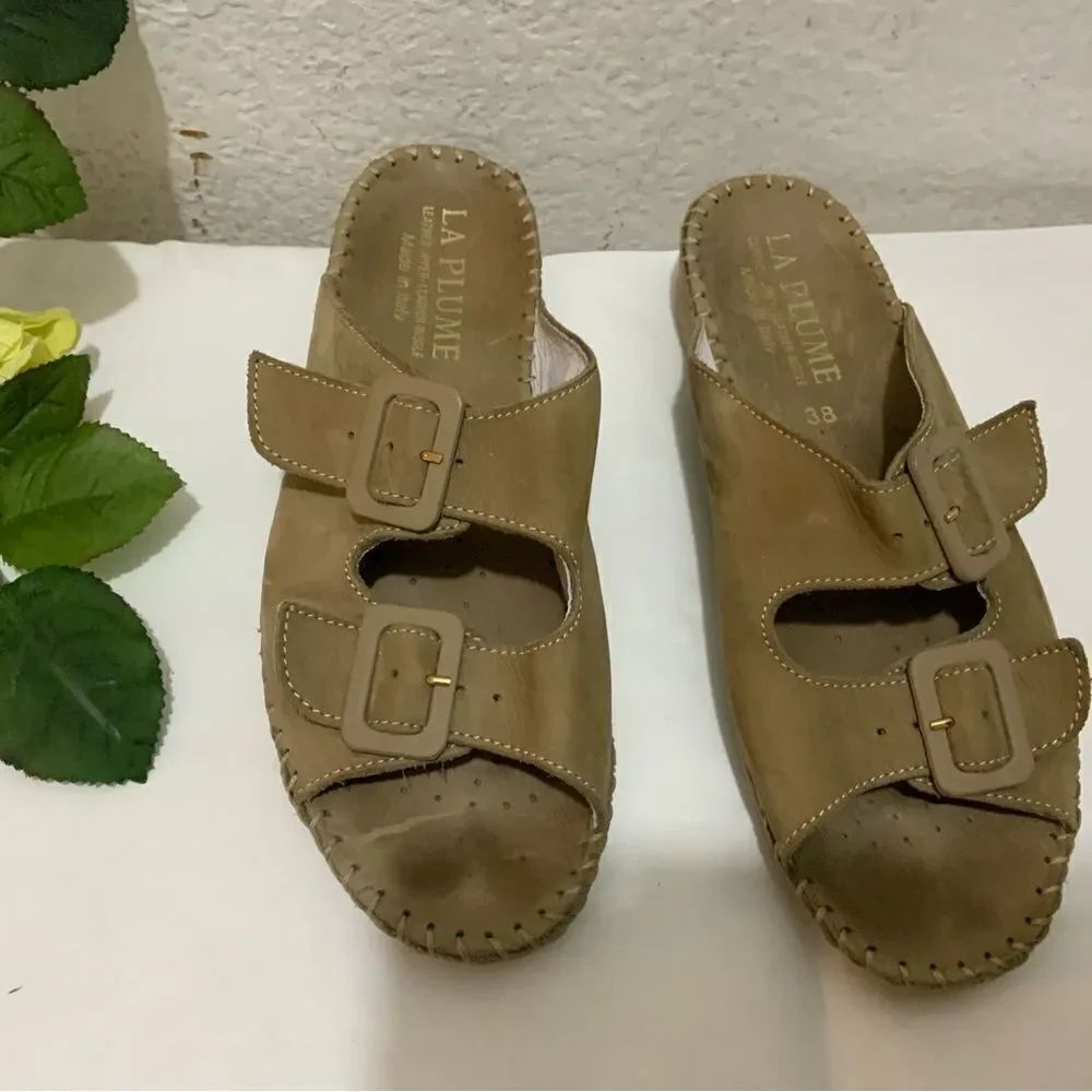 La Plume Tan Leather Slide Wedge 2 Buckle Sandals Size 38